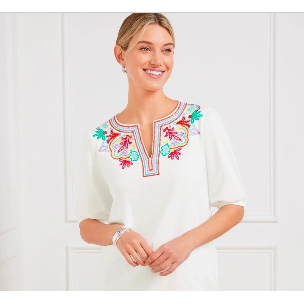 Talbots Plus White Embroidered Split Neck Cotton Top 1X Floral Boho Puff Sleeve